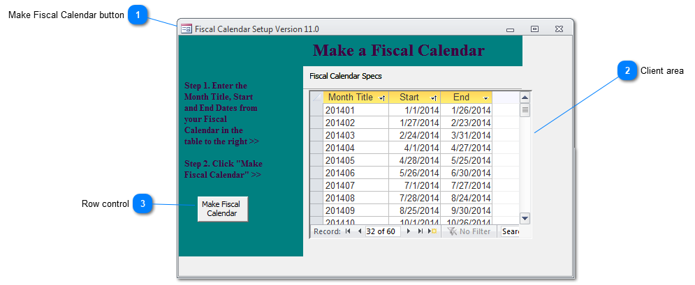 Fiscal Calendar Setup Version 11.0 window